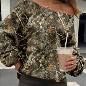 Shein Off-Shoulder Loose Fit Camo Print Lightweight Long Sleeve Sweatshirt XS